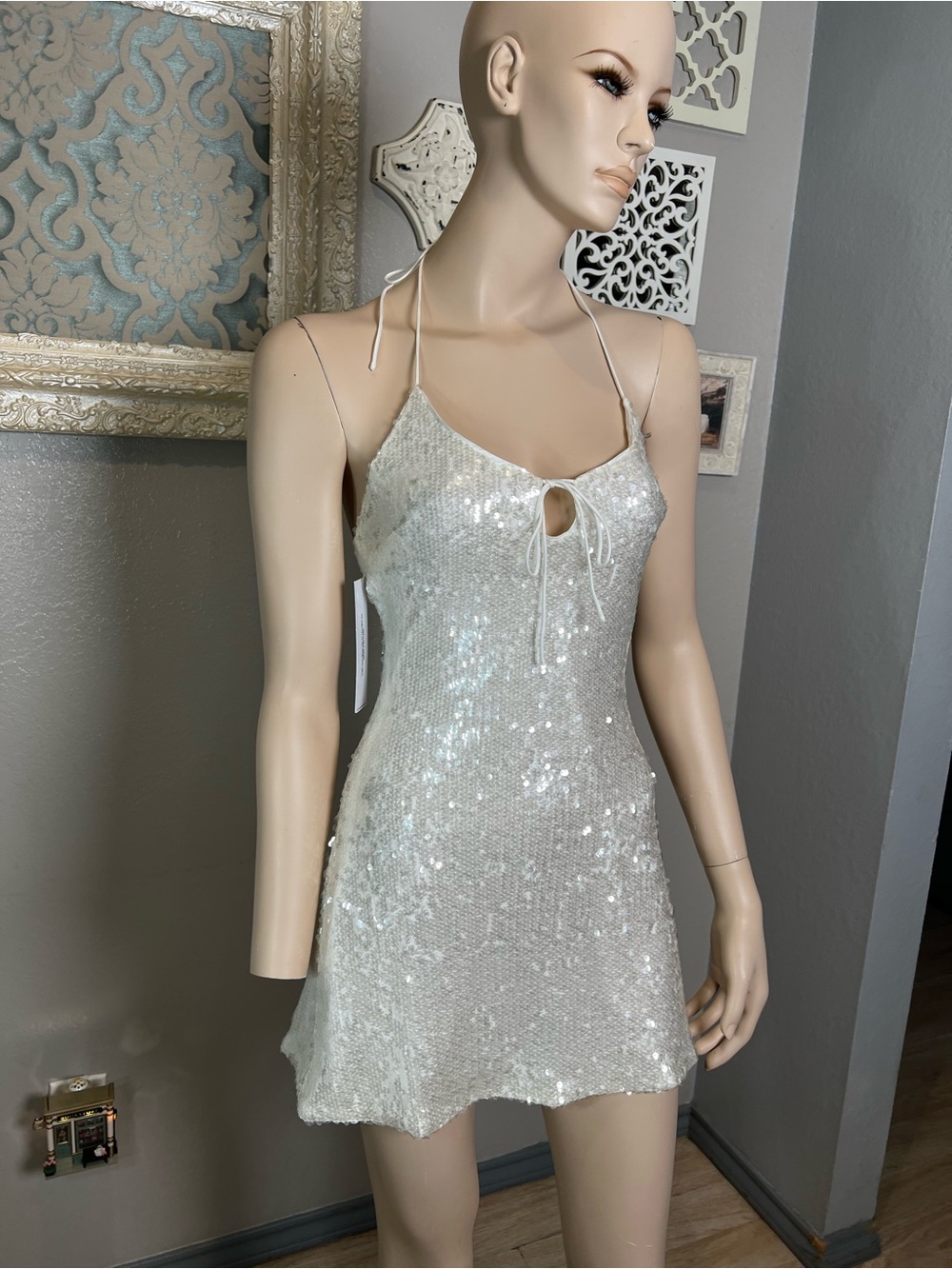 NWT Princess Polly Sequin Spaghetti Strap Mini Dress - white Silver - Picture 10 of 16